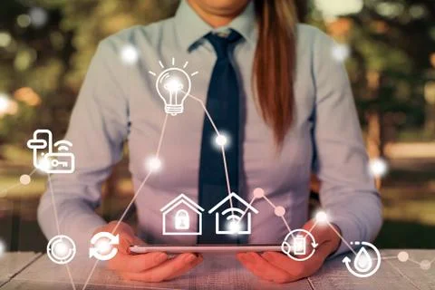 Man In Futuristic Infographics Interface Elements On Blurred Using Free Wi Fi Foto stock