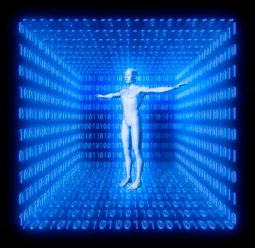 Man in a futuristic room made from binary code, concept digitalisation, virtu Illustration