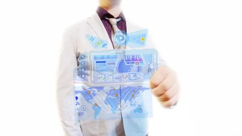 Man with a futuristic screen.  The concept of the future Hologramic Interface.  Foto stock