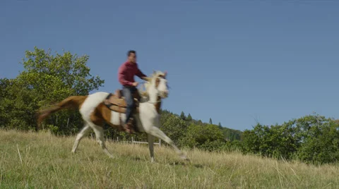 Man on Galloping White Horse Stock Footage 35301106
