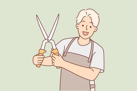 Man with garden shears in working apron demonstrates tool for trimming branches Stock Illustration