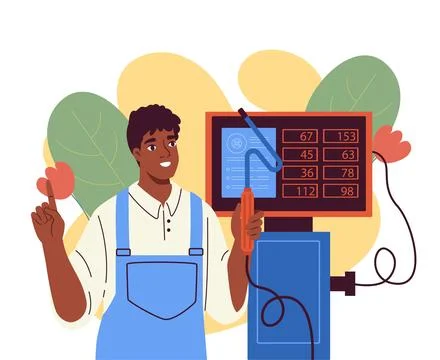 Man with gas analyzer. Young guy in work uniform near gas meter. Auto mechanic Stock-Illustration