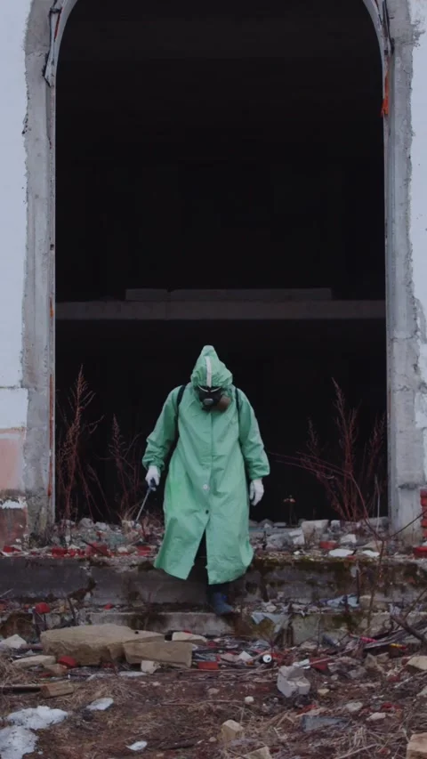 A man in a gas mask and a protective suit walking on the littered area Stock Footage 328280837