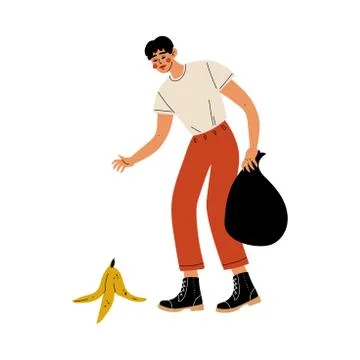 Man Gathering Garbage into Plastic Bag, Male Volunteer Picking Up Litter Stock Illustration