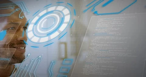 Man gazing over shoulder in lab, HUD panels appearing with code window, dimming Stock Footage 319678450