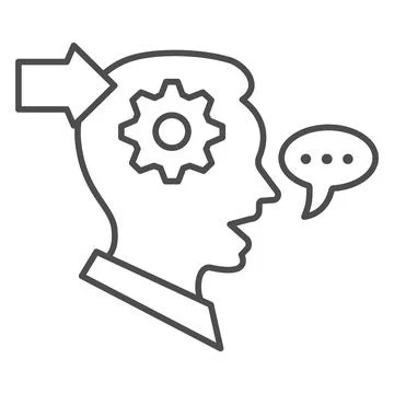 Man with gear in head, arrow, speech bubble thin line icon, thought concept Stock Illustration