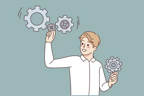 Man with gear mechanisms look for problem solution. Smiling businessman with Illustrazione stock
