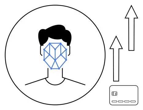 Man with geometric facial recognition pattern, arrows pointing up, and a cred Illustrazione stock