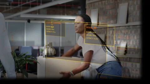 Man gesturing and handing docs, woman placing box while HUD showing latency for Stock Footage 333034788