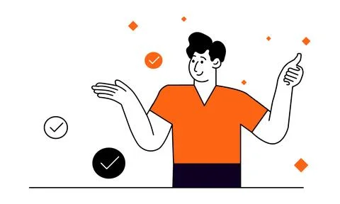 Man gesturing with check marks vector illustration, Flat character presenting イラスト素材