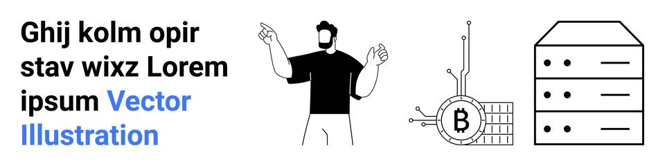 Man gesturing, cryptocurrency symbol linked to blockchain, data server rack.  Stock Illustration