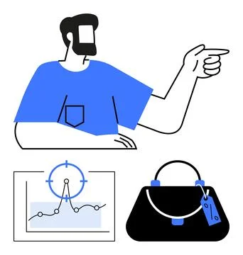 Man gesturing forward, chart with line graph and target, branded handbag. Ide イラスト素材