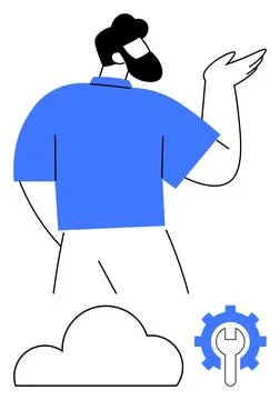 Man gesturing with hand, cloud storage icon, and gear with wrench for IT serv Stock Illustration
