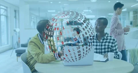 Man gesturing laptop sparking binary globe masking, revealing office woman Stock Footage 320652170