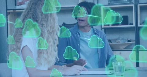 Man gesturing, materializing cloud network in business, woman taking notes Stock Footage 317258702