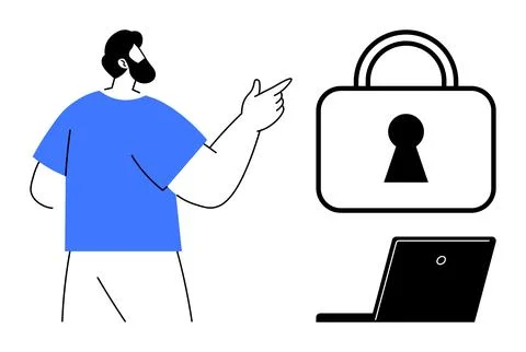 Man Gesturing at Padlock and Laptop Data Security and Online Privacy Concepts Stock Illustration
