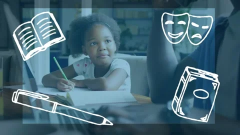 Man gesturing toward notebook by laptop guiding girl scribbling while study Video stock 317799566