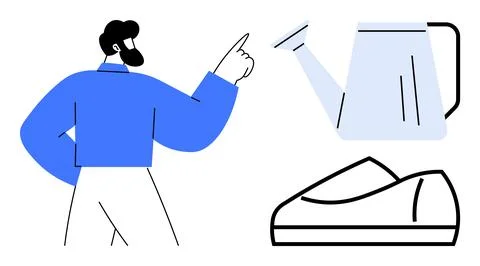 Man Gesturing Towards Objects with Kettle and Shoe in Minimalist Style Stock Illustration