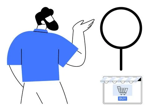 Man Gesturing Towards Online Storefront with Search Icon 스톡 일러스트