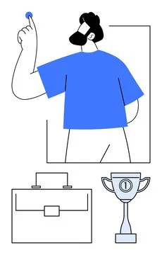 Man gesturing upward in a simple abstract style, trophy and briefcase signify Stock Illustration