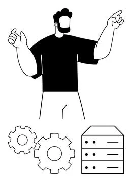 Man Gesturing While Discussing Server and Gear Mechanisms for IT Solutions 스톡 일러스트