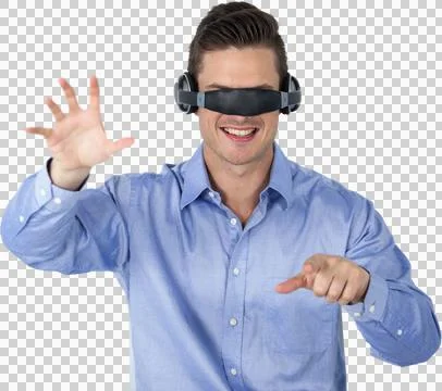 Man gesturing while using virtual video glasses against white background Stock Photos