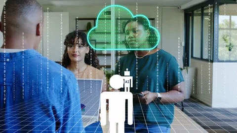Man gesturing, women checking laptop and tablet, neon cloud and AI icons Stock Footage 330646512