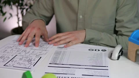 A man gets acquainted with the utility network diagram and the estimate 스톡 동영상 312231948