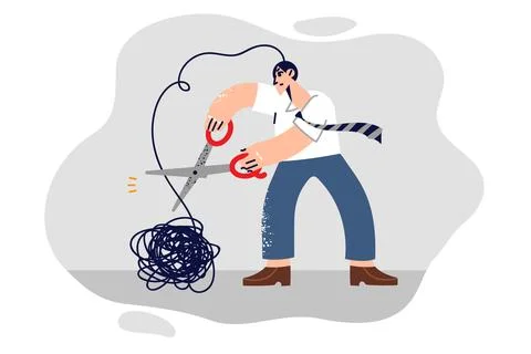 Man gets rid of psychological problems by cutting off tangled wad of thread with Illustrazione stock