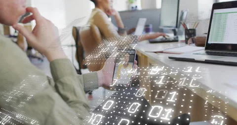 Man getting call, raising smartphone, binary grid swirling over devices showing Stock Footage 314348922