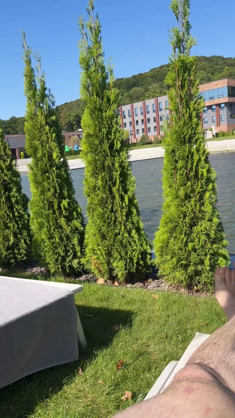 Man getting up from deck chair by the pool Stock-Footage 284880204