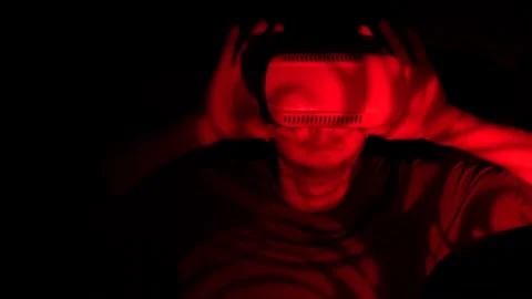 Man getting experience using VR-headset glasses of virtual reality Stock Footage 86607820