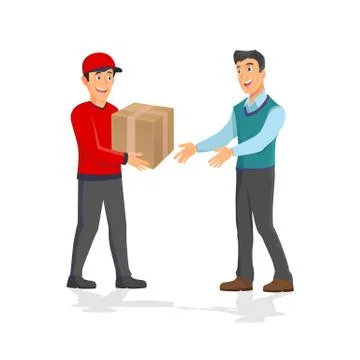 Man getting package from courier. Cartoon people characters. Young smiling man Stock Illustration