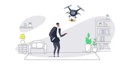 Man getting parcel gift box from quadcopter express air mail delivery by drone イラスト素材