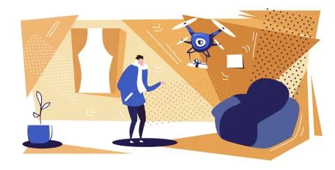 Man getting parcel gift box from quadcopter express air mail drone delivery Illustrazione stock