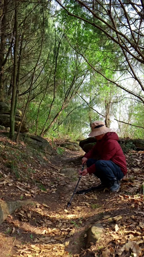 A man getting ready to hike in the forest is assembling foldable trekking poles. Stock Footage 329551881