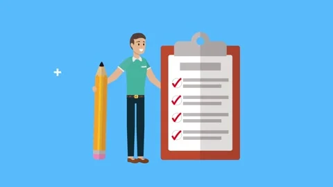 Man with giant pencil checks off tasks on clipboard dynamic motion checklis.. Video stock 339047162