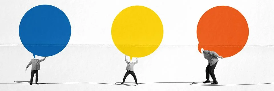 Man with giant speech bubbles with empty space for text over light background イラスト素材