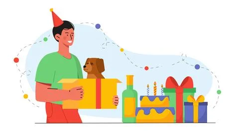 Man with gift dog. Young guy with puppy in cardboard box next to cake. Owner Illustrazione stock