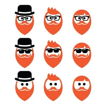 Man with ginger beard with moustache or mustache, hipster icons set Stock Illustration
