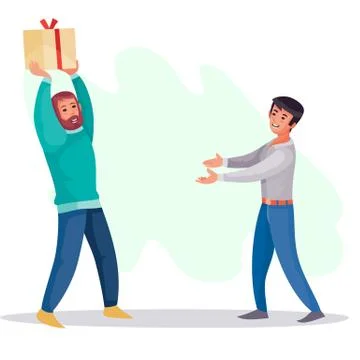 Man gives a guy a box with a gift, surprise, joy, holiday, birthday, vector Stock Illustration