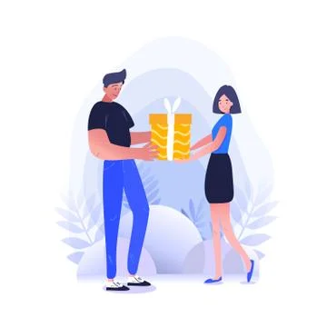 Man gives a present or important box to his office colleague or team member. Stock Illustration