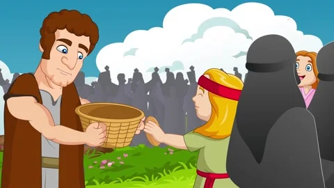 Man giving bread in jesus life and 2D stories green screen wallpaper Stock Footage