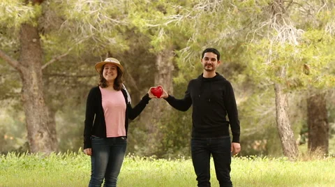 Man giving a heart shape to his girlfriend in the park Stock Footage 61860919