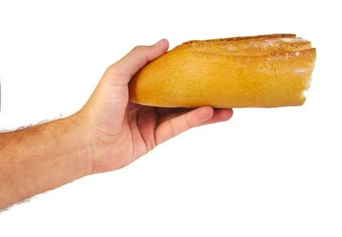 Man giving or sharing bread isolated on a white background. Charity concept Stock Photos