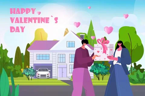 Man giving present box for his woman happy valentines day celebration concept Stock Illustration