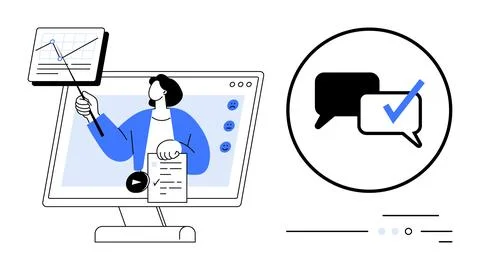 Man giving presentation on computer screen, showing graphs with pointer. Chat 스톡 일러스트