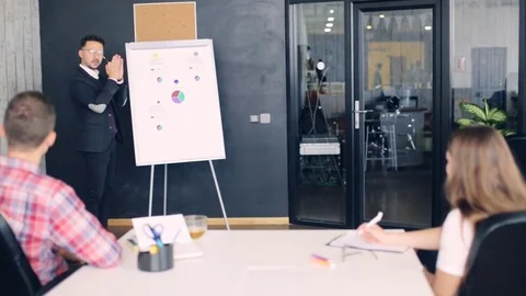 Man Giving Presentation to her Colleagues During a Meeting Stock Footage 81057005
