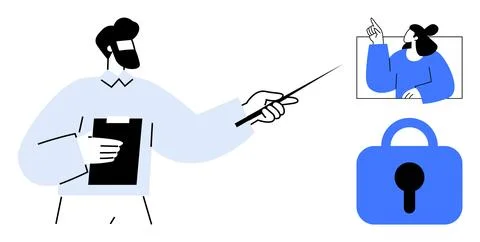 Man Giving Presentation with Pointer Next to Screen and Padlock Symbol Illustrazione stock