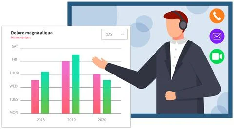 Man giving presentation of report via video call. Businessman shows statistics 스톡 일러스트